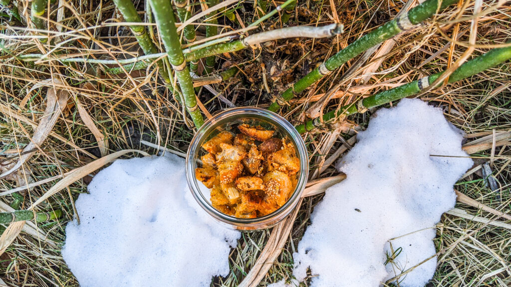 Knoblauch-Knusper-Croutons im Glas; stehen im Schnee