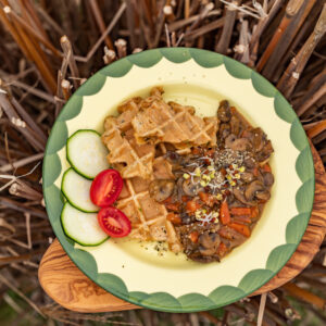 HERZHAFTE WAFFELN MIT PILZ STROGANOFF fertiger Teller